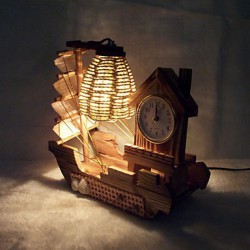 Valentine'S Day Creative Furnishing Articles Gifts Boutique Handicraft Sailboat Wooden With Clock Desk Lamp Led Light