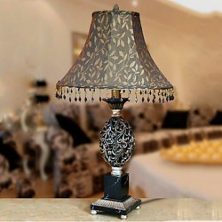 40W Artistic Table Light with Retro Fabric Shade and Handcrafted Resin Lampstand