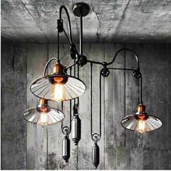 Vintage Pully Pendant Lights 3 Island Foyer Dinning Study Metal+ Galss inside shade