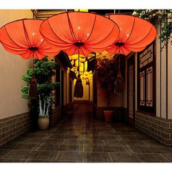 Creative Personality Round Big Red Lantern Lotus Leaf Wedding Festival Cloth Art Chandelier Lamp LED Light