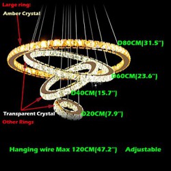 LED Pendant Lamps Ceiling Light Chandelier Lighting Round 4 Rings Large Ring Amber Crystal and Other Clear Crystal