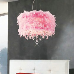 Crystal Pendant Light with 5 Lights in Pink Feather Shade