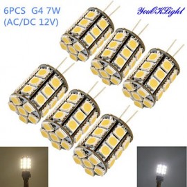 6PCS G4 7W 600lm 3000/6000K 27*SMD5050 LED Corn Bulb/Crystal Lamp Bead (AC/DC 12V)