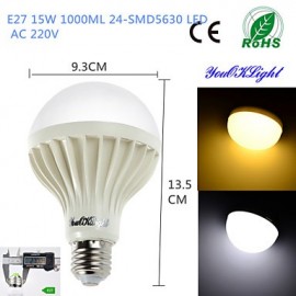 6PCS E27 15W 24*SMD5630 1000LM Warm White/ White Light LED Energy saving Globe Bulbs (AC 220V)