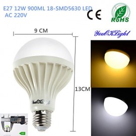 6PCS E27 12W 18*SMD5630 900LM Warm White/Cool White Light LED Energy saving Globe Bulbs (AC 220V)