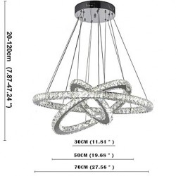 Dimmable LED Pendant Light Modern Remote Control Crystal Chandelier Lamp Fixtures with 3 Ring D705030 CE UL