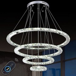 Dimmable LED Crystal Chandeliers Lights Remote Control Pendant Lamp Fixtures with 4 Ring D90705030 CE&UL&FCC