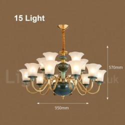 100% Brass Luxurious Rustic Retro Vintage Brass Ceramics Pendant Candle Chandelier with Glass Shades