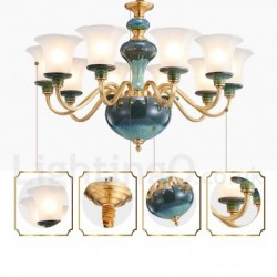 100% Brass Luxurious Rustic Retro Vintage Brass Ceramics Pendant Candle Chandelier with Glass Shades