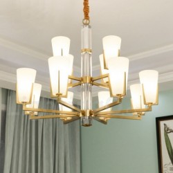 100% Brass Luxurious Rustic Retro Vintage Brass Crystals Pendant Candle Chandelier with Glass Shades