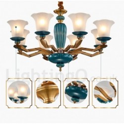 100% Brass Luxurious Rustic Retro Vintage Brass Ceramics Pendant Candle Chandelier with Glass Shades