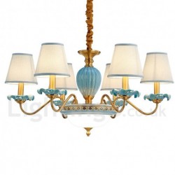 100% Brass Luxurious Rustic Retro Vintage Brass Ceramics Pendant Candle Chandelier with Blue Fabric Shades