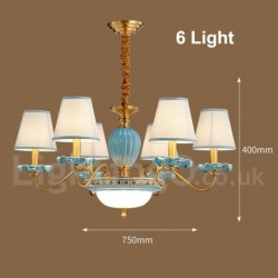 100% Brass Luxurious Rustic Retro Vintage Brass Ceramics Pendant Candle Chandelier with Blue Fabric Shades