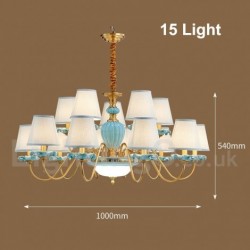 100% Brass Luxurious Rustic Retro Vintage Brass Ceramics Pendant Candle Chandelier with Blue Fabric Shades