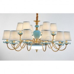 100% Brass Luxurious Rustic Retro Vintage Brass Ceramics Pendant Candle Chandelier with Blue Fabric Shades