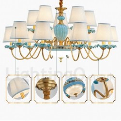 100% Brass Luxurious Rustic Retro Vintage Brass Ceramics Pendant Candle Chandelier with Blue Fabric Shades