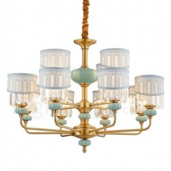Pure Brass Luxurious Rustic Retro Vintage Brass Ceramics Pendant Candle Chandelier with Fabric and Crystal Shades