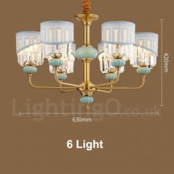 Pure Brass Luxurious Rustic Retro Vintage Brass Ceramics Pendant Candle Chandelier with Fabric and Crystal Shades