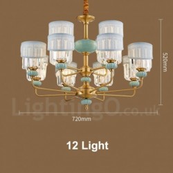 Pure Brass Luxurious Rustic Retro Vintage Brass Ceramics Pendant Candle Chandelier with Fabric and Crystal Shades