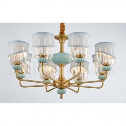 Pure Brass Luxurious Rustic Retro Vintage Brass Ceramics Pendant Candle Chandelier with Fabric and Crystal Shades