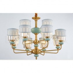 Pure Brass Luxurious Rustic Retro Vintage Brass Ceramics Pendant Candle Chandelier with Fabric and Crystal Shades