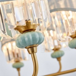 Pure Brass Luxurious Rustic Retro Vintage Brass Ceramics Pendant Candle Chandelier with Fabric and Crystal Shades