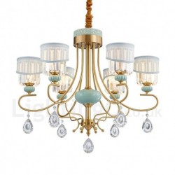 Pure Brass Luxurious Rustic Retro Vintage Brass Ceramics Pendant Candle Chandelier with Fabric and Crystal Shades