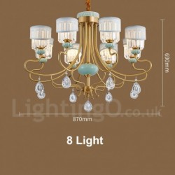 Pure Brass Luxurious Rustic Retro Vintage Brass Ceramics Pendant Candle Chandelier with Fabric and Crystal Shades