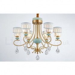 Pure Brass Luxurious Rustic Retro Vintage Brass Ceramics Pendant Candle Chandelier with Fabric and Crystal Shades