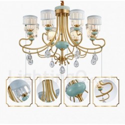 Pure Brass Luxurious Rustic Retro Vintage Brass Ceramics Pendant Candle Chandelier with Fabric and Crystal Shades