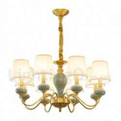 Pure Brass Luxurious Rustic Retro Vintage Brass Ceramics Pendant Candle Chandelier with Fabric Shades