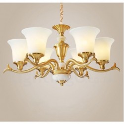 Pure Brass Luxurious Rustic Retro Vintage Brass Stone Pendant Candle Chandelier with Glass Shades