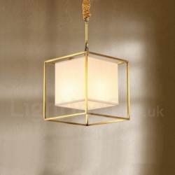 Pure Brass Simple Rustic Retro Vintage Brass Pendant Light with Fabric Shade