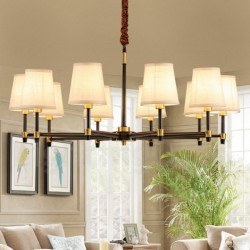 Pure Brass Large Luxurious Rustic Retro Vintage Brass Pendant Chandelier with Fabric Shades