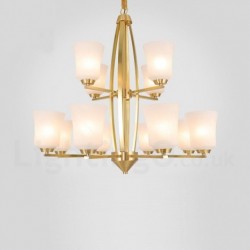 12 Light Pure Brass Large Luxurious Rustic Retro Vintage Brass Pendant Chandelier with Glass Shades