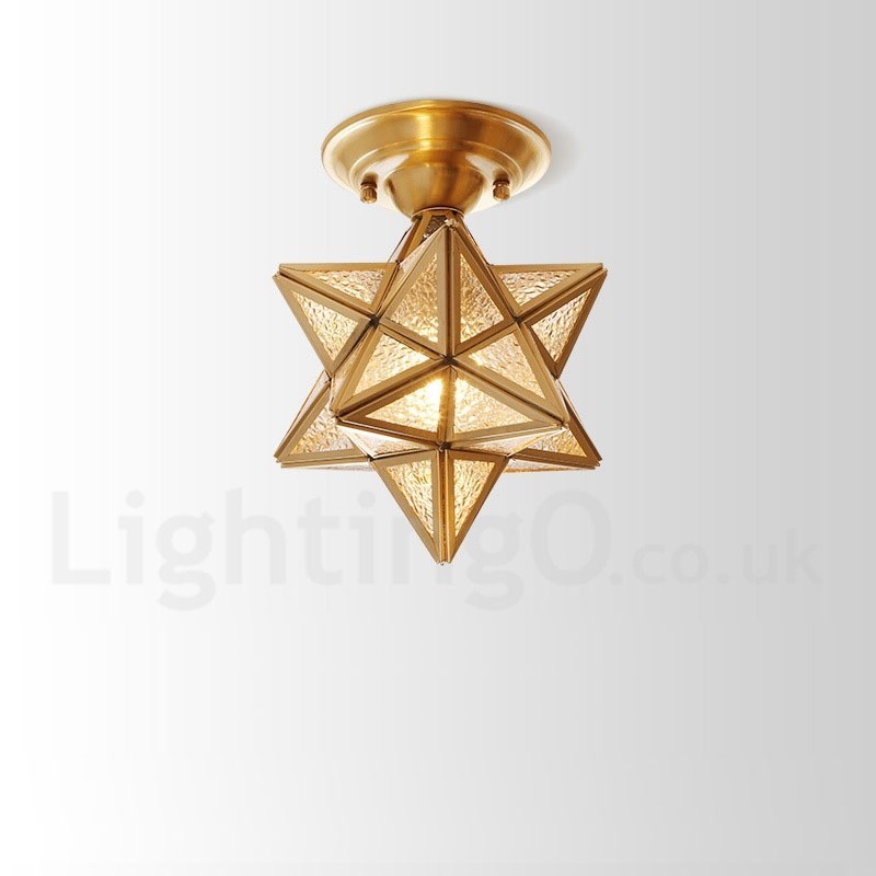 8 Wide Star Pure Brass Led Rustic Lodge Nordic Style Flush Mount Ceiling Light With Glass Shade