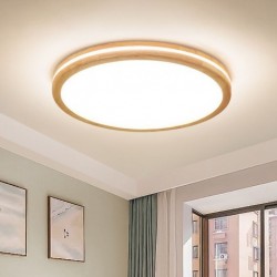 Dimmable Round Wooden LED with Lens Modern Contemporary Nordic Style Flush Mount Wood Ceiling Light with Acrylic Shade and Remote Control - Also Can Be Used As Wall Light