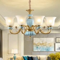 European Pure Brass Ceramics Macaron Chandelier with Glass Shade