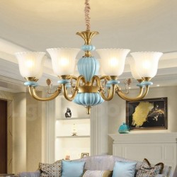 European Pure Brass Ceramics Macaron Chandelier with Glass Shade