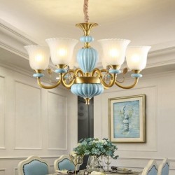 European Pure Brass Ceramics Macaron Chandelier with Glass Shade