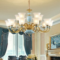 European Pure Brass Ceramics Macaron Chandelier with Glass Shade