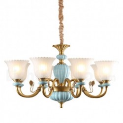 European Pure Brass Ceramics Macaron Chandelier with Glass Shade