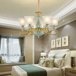 European Retro Pure Brass Ceramics Chandelier with Glass Shade