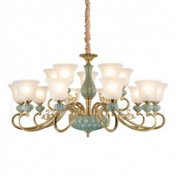 European Retro Pure Brass Ceramics Chandelier with Glass Shade