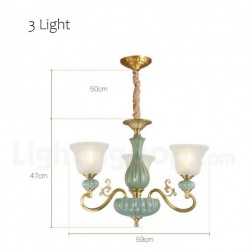 European Retro Pure Brass Ceramics Chandelier with Glass Shade