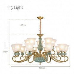 European Retro Pure Brass Ceramics Chandelier with Glass Shade