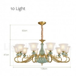 European Retro Pure Brass Ceramics Chandelier with Glass Shade