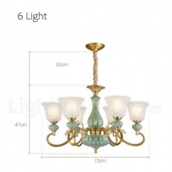 European Retro Pure Brass Ceramics Chandelier with Glass Shade