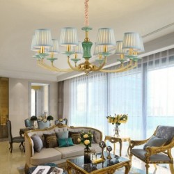 European Pure Brass Ceramics Macaron Luxurious Chandelier with Fabric Shade