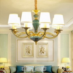 European Macaron Pure Brass Ceramics Chandelier with Fabric Shade